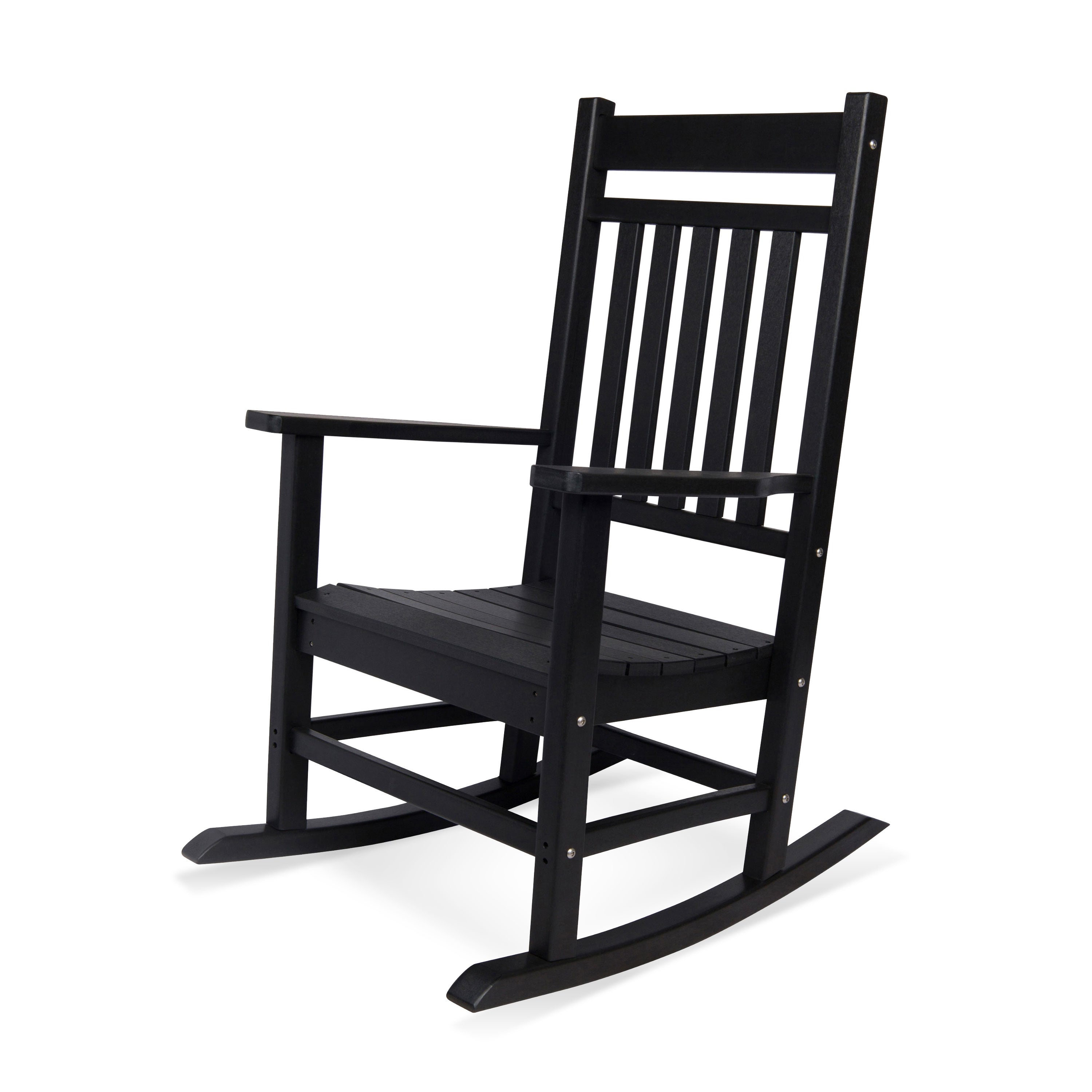 A black outdoor rocking chair with a slatted back and seat, shown at a three-quarter angle on a white background. 