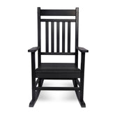 A black outdoor rocking chair with a slatted backrest and wide armrests, shown from the front against a plain white background. 