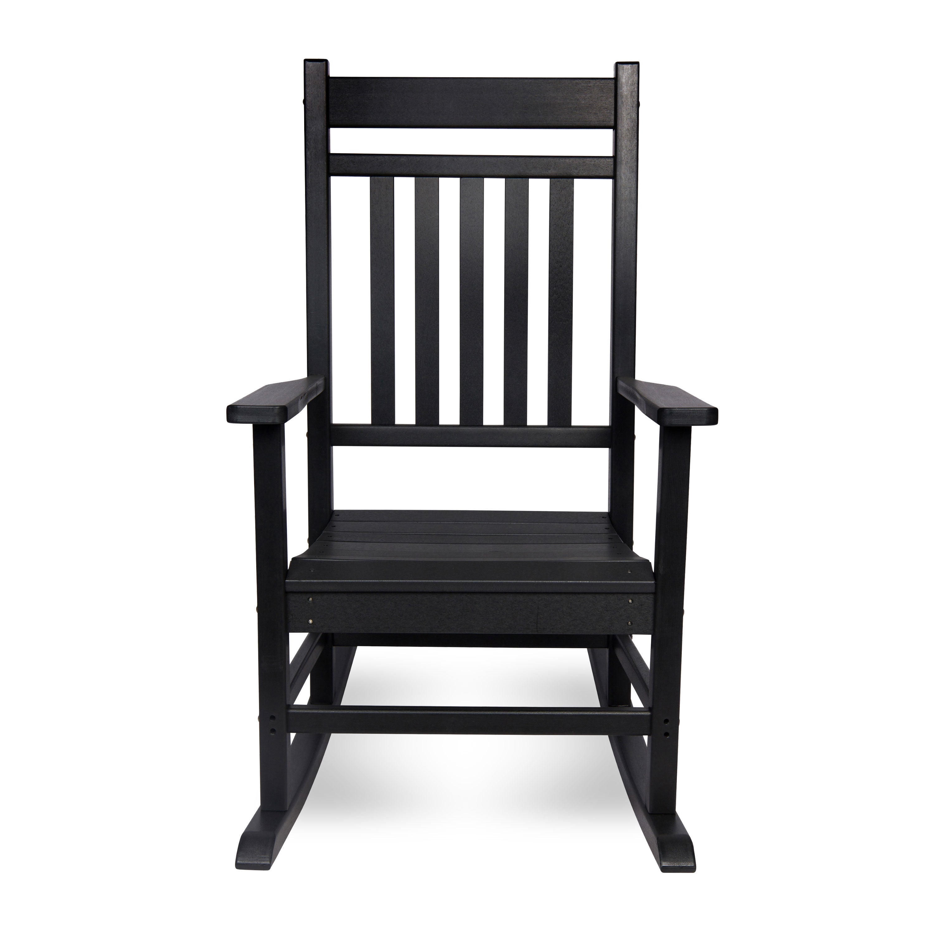 A black outdoor rocking chair with a slatted backrest and wide armrests, shown from the front against a plain white background. 