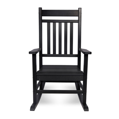 A black outdoor rocking chair with a slatted backrest and wide armrests, shown from the front against a plain white background. 