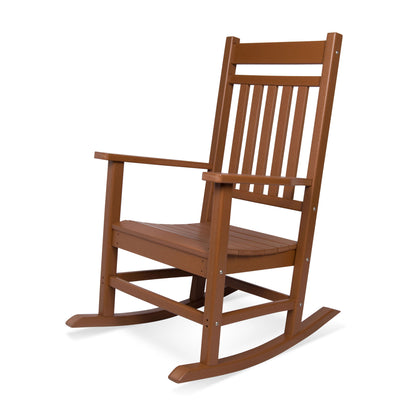 A classic plastic rocking chair with a warm brown finish, featuring a slatted backrest, armrests, and curved rockers, shown on a plain white background. 