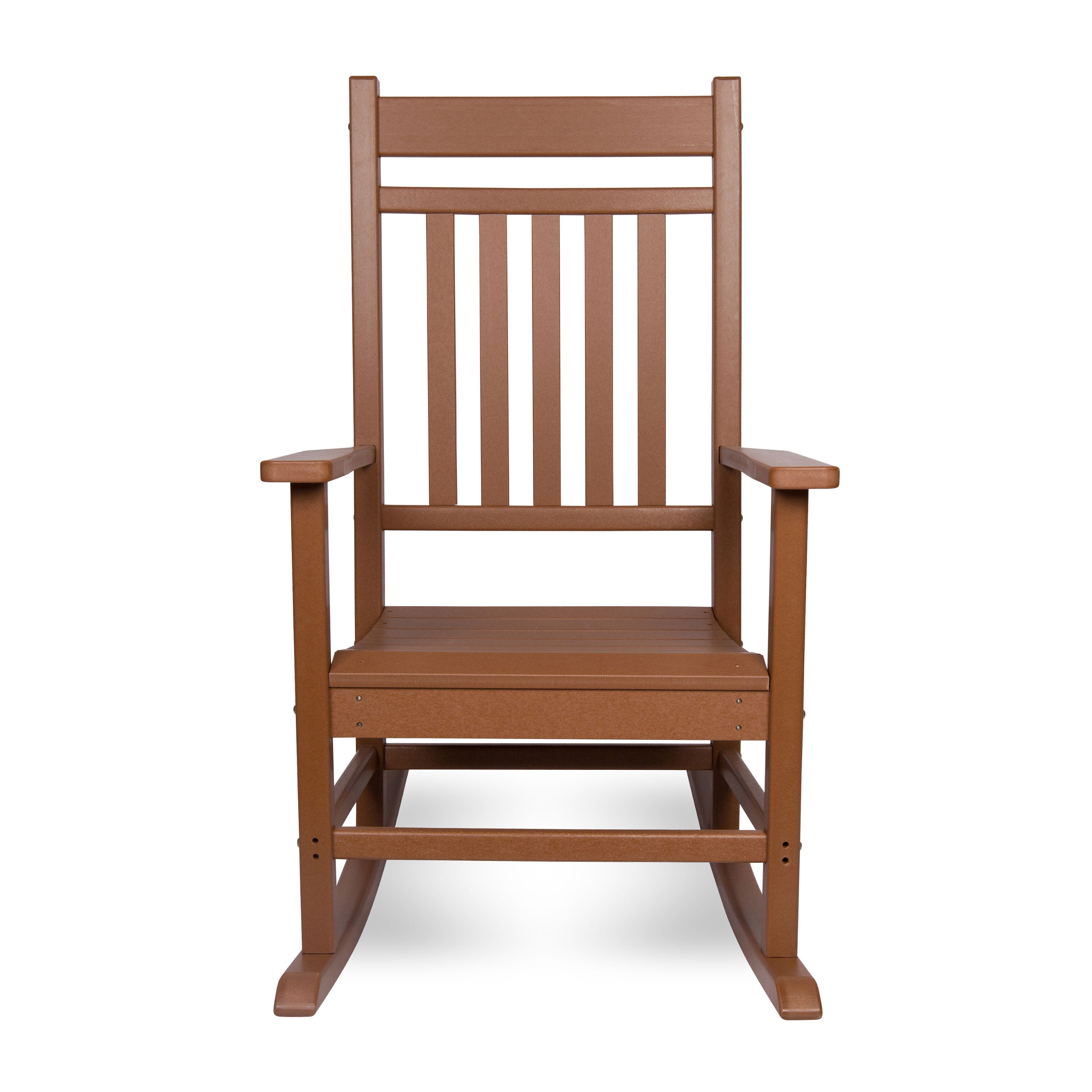 A classic plastic brown rocking chair with a high slatted backrest and wide armrests, shown from the front against a plain white background. 