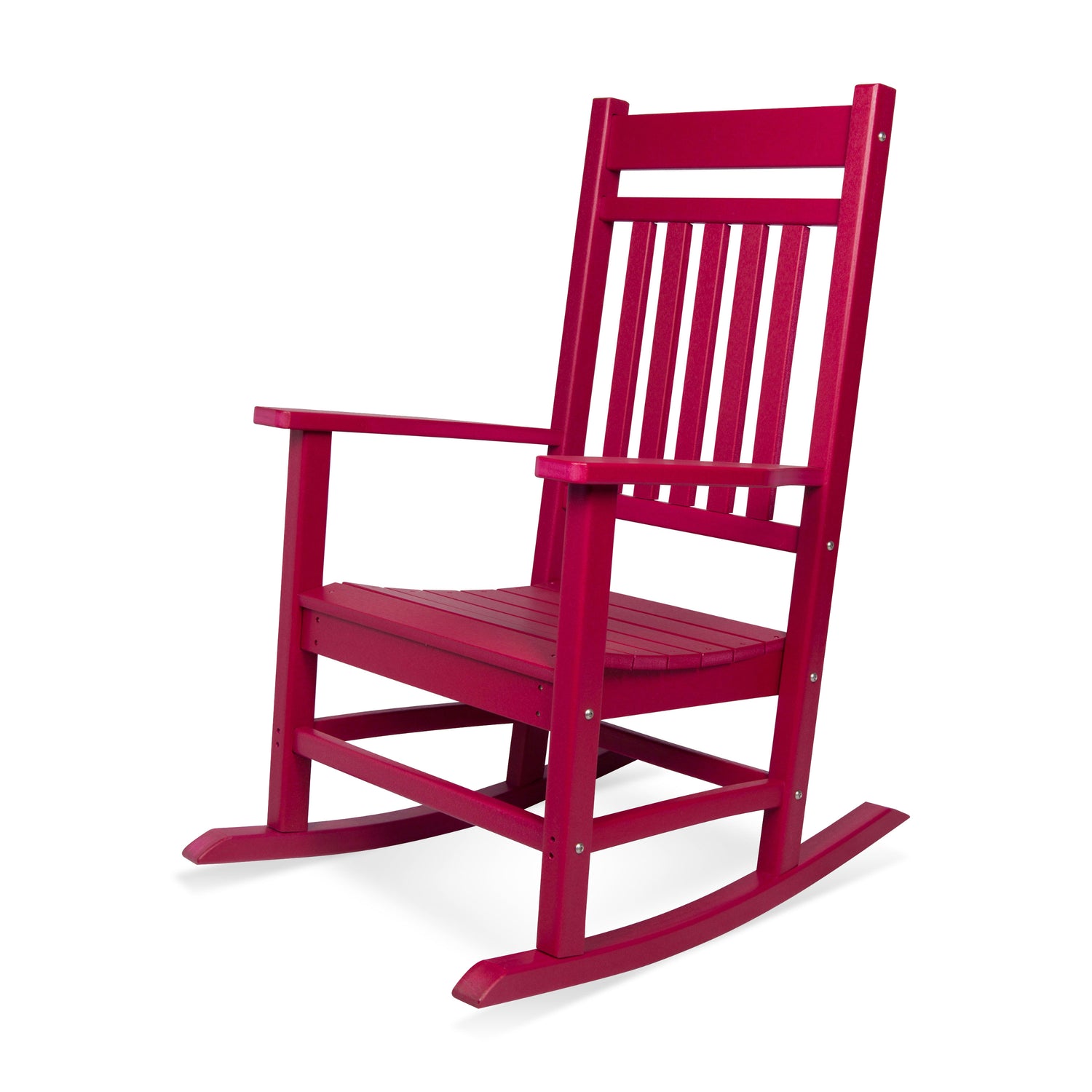 A red rocking chair with a slatted backrest and curved rockers, shown on a plain white background. 