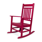 A red rocking chair with a slatted backrest and curved rockers, shown on a plain white background. 