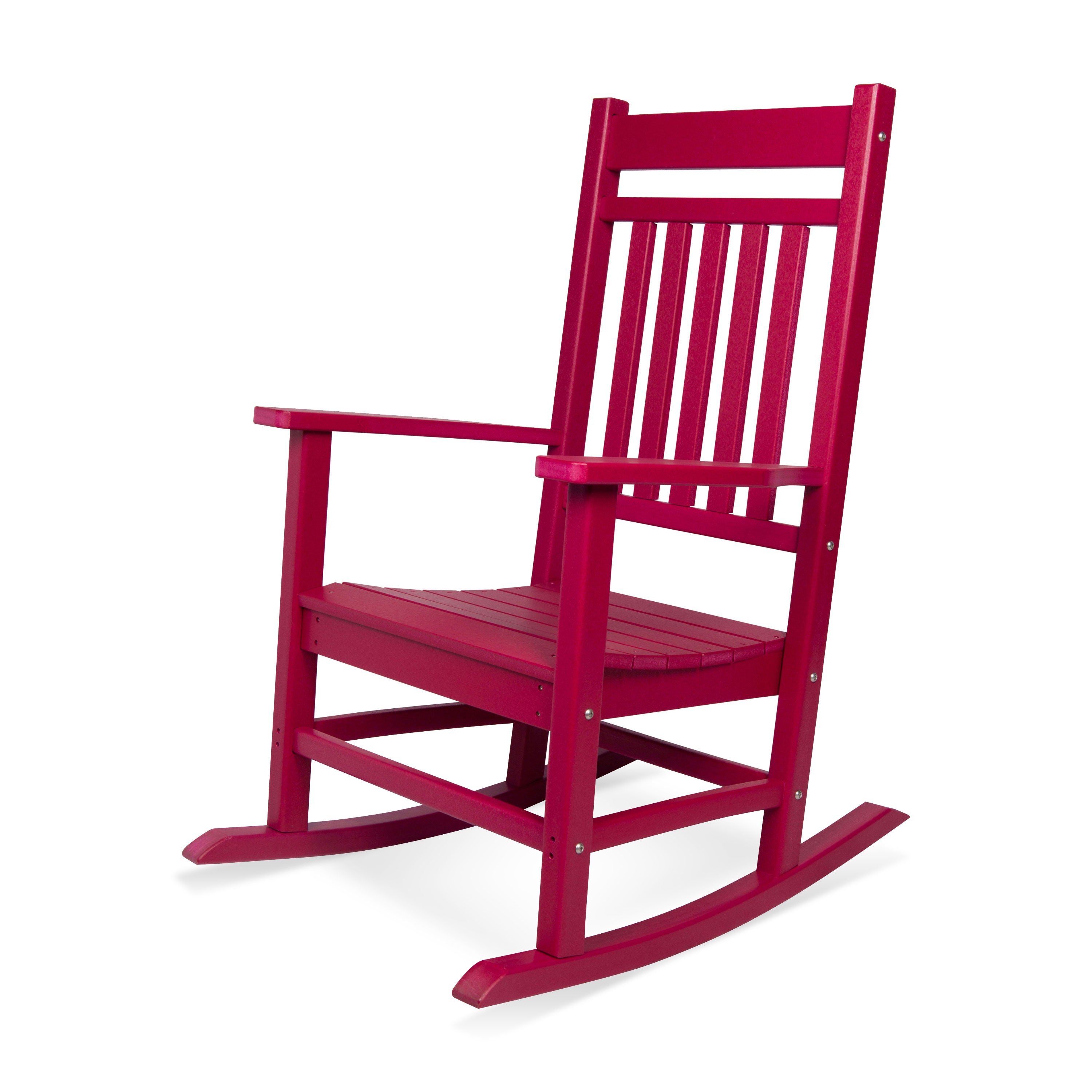 A red rocking chair with a slatted backrest and curved rockers, shown on a plain white background. 