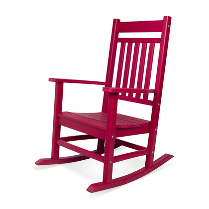 A red rocking chair with a slatted backrest and curved rockers, shown on a plain white background. 