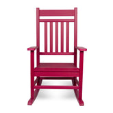 A red rocking chair with a slatted backrest and armrests, shown from the front on a clean white background. 