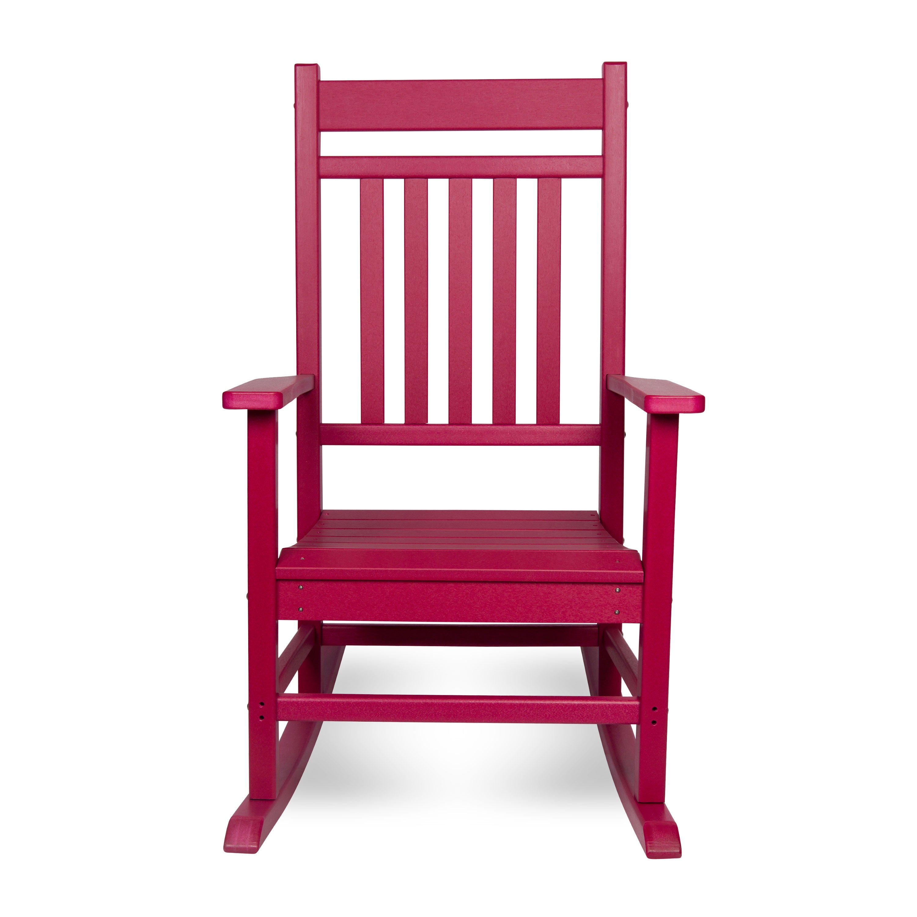 A red rocking chair with a slatted backrest and armrests, shown from the front on a clean white background. 