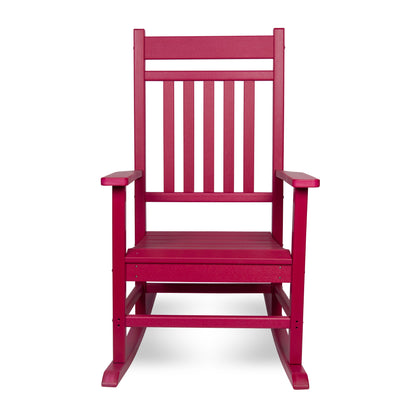 A red rocking chair with a slatted backrest and armrests, shown from the front on a clean white background. 