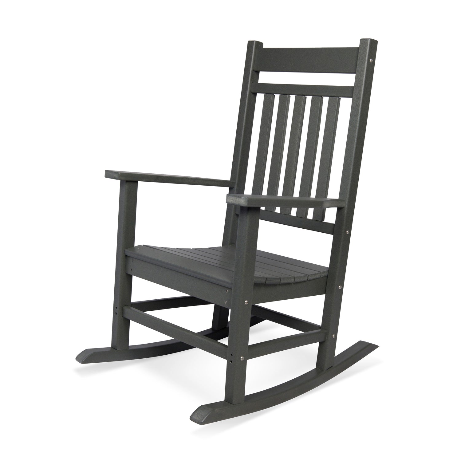 A dark gray wooden rocking chair with a slatted backrest and armrests, shown from a three-quarter angle on a white background. 