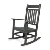 A dark gray wooden rocking chair with a slatted backrest and armrests, shown from a three-quarter angle on a white background. 