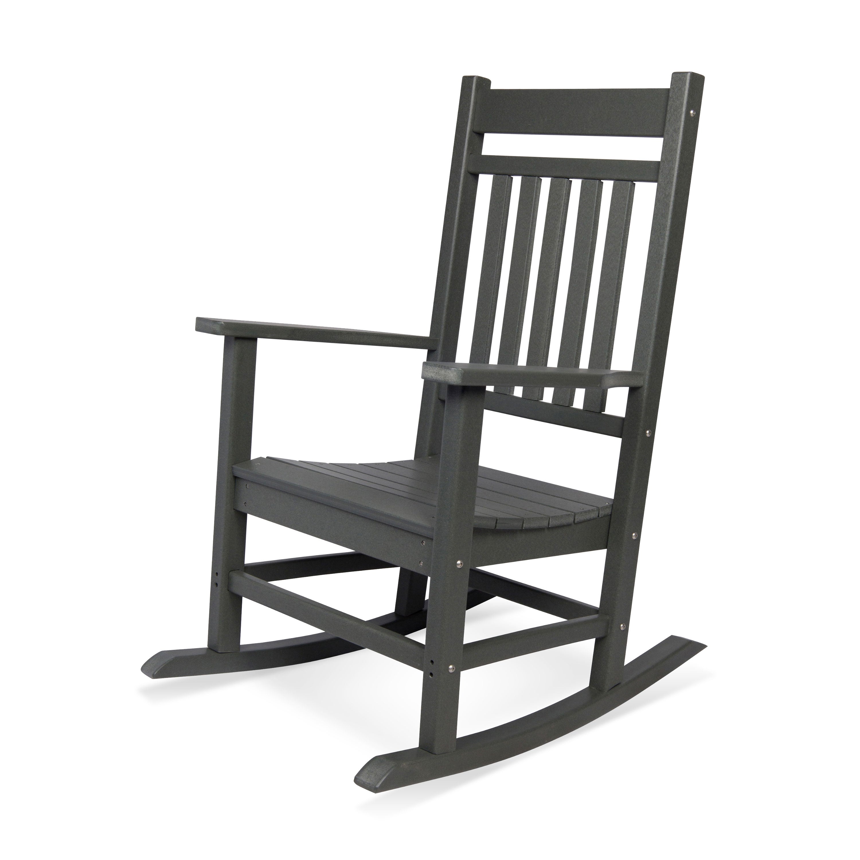 A dark gray wooden rocking chair with a slatted backrest and armrests, shown from a three-quarter angle on a white background. 
