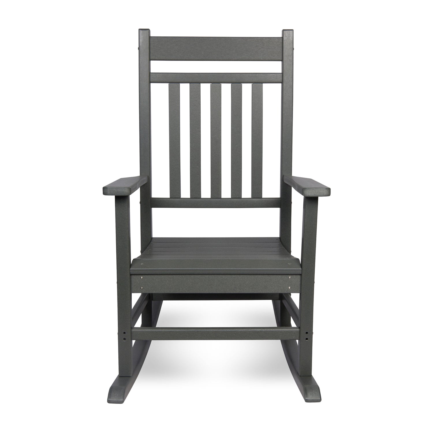 A dark gray outdoor rocking chair with a slatted backrest and armrests, shown from the front against a plain white background. 