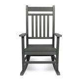 A dark gray outdoor rocking chair with a slatted backrest and armrests, shown from the front against a plain white background. 