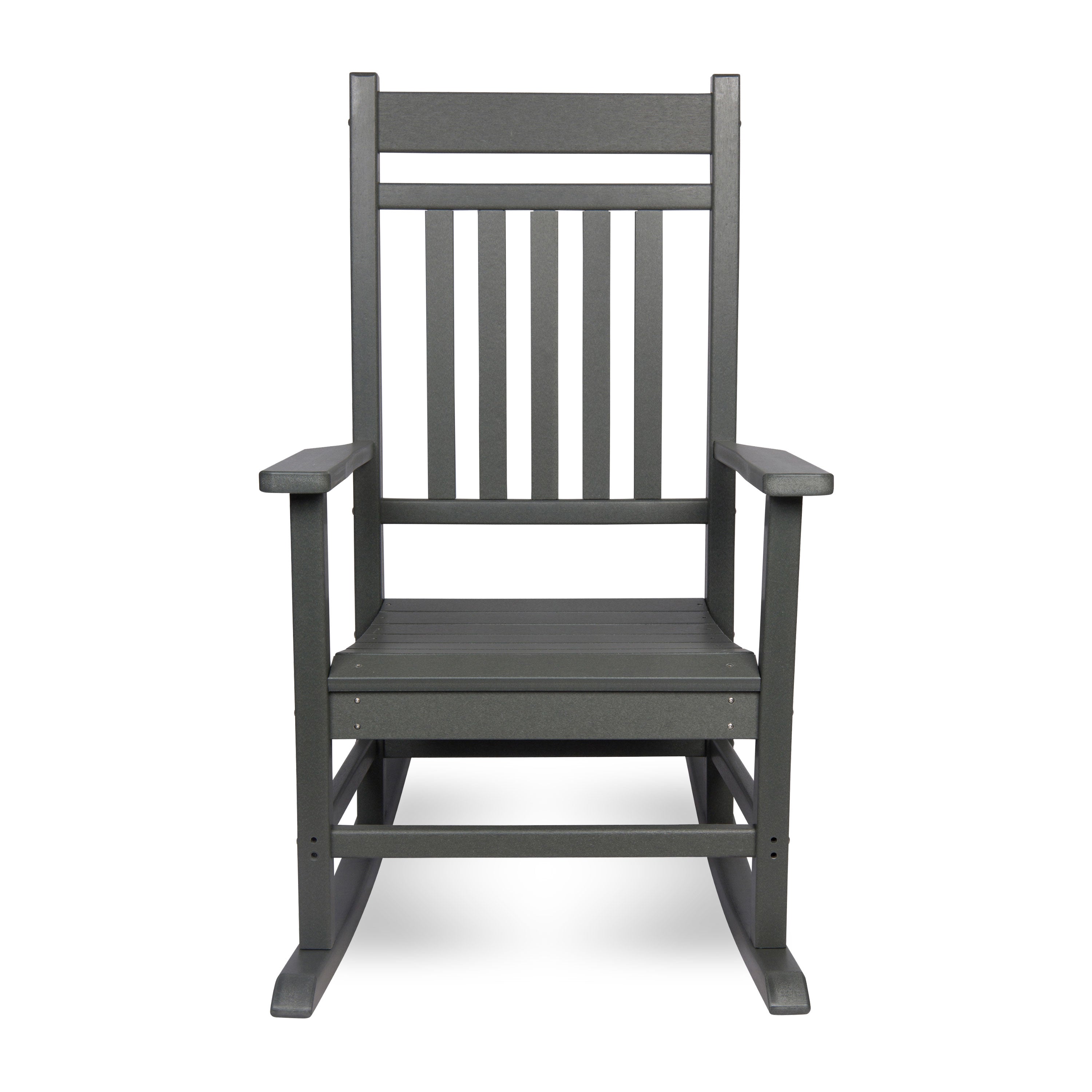 A dark gray outdoor rocking chair with a slatted backrest and armrests, shown from the front against a plain white background. 