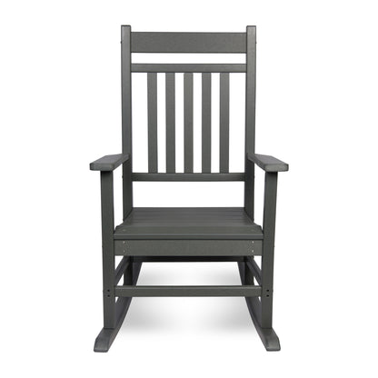 A dark gray outdoor rocking chair with a slatted backrest and armrests, shown from the front against a plain white background. 