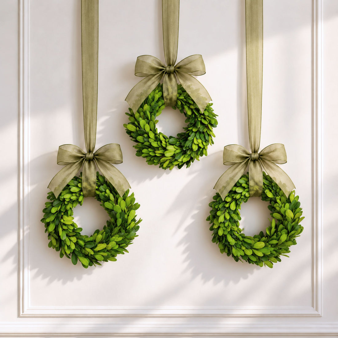 Three real preserved green boxwood wreaths hanging from a white paneled wall, each tied with a wide sage green ribbon bow.