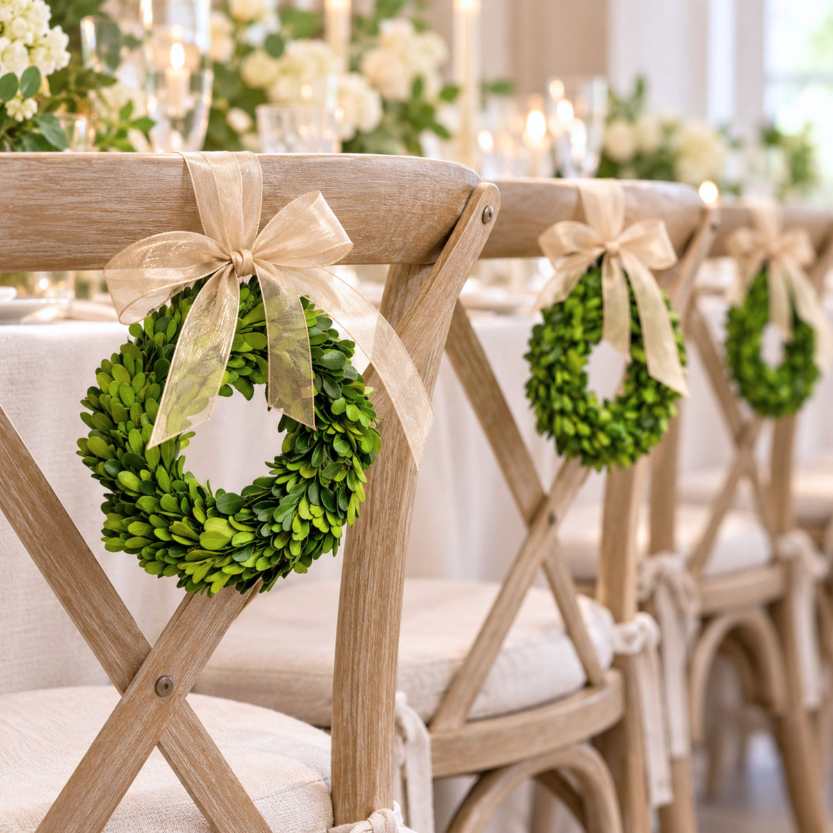 A rustic wooden dining chair with a cream upholstered seat and back, decorated with a real preserved green boxwood wreath and a beige ribbon bow, set in a softly blurred event or wedding venue.