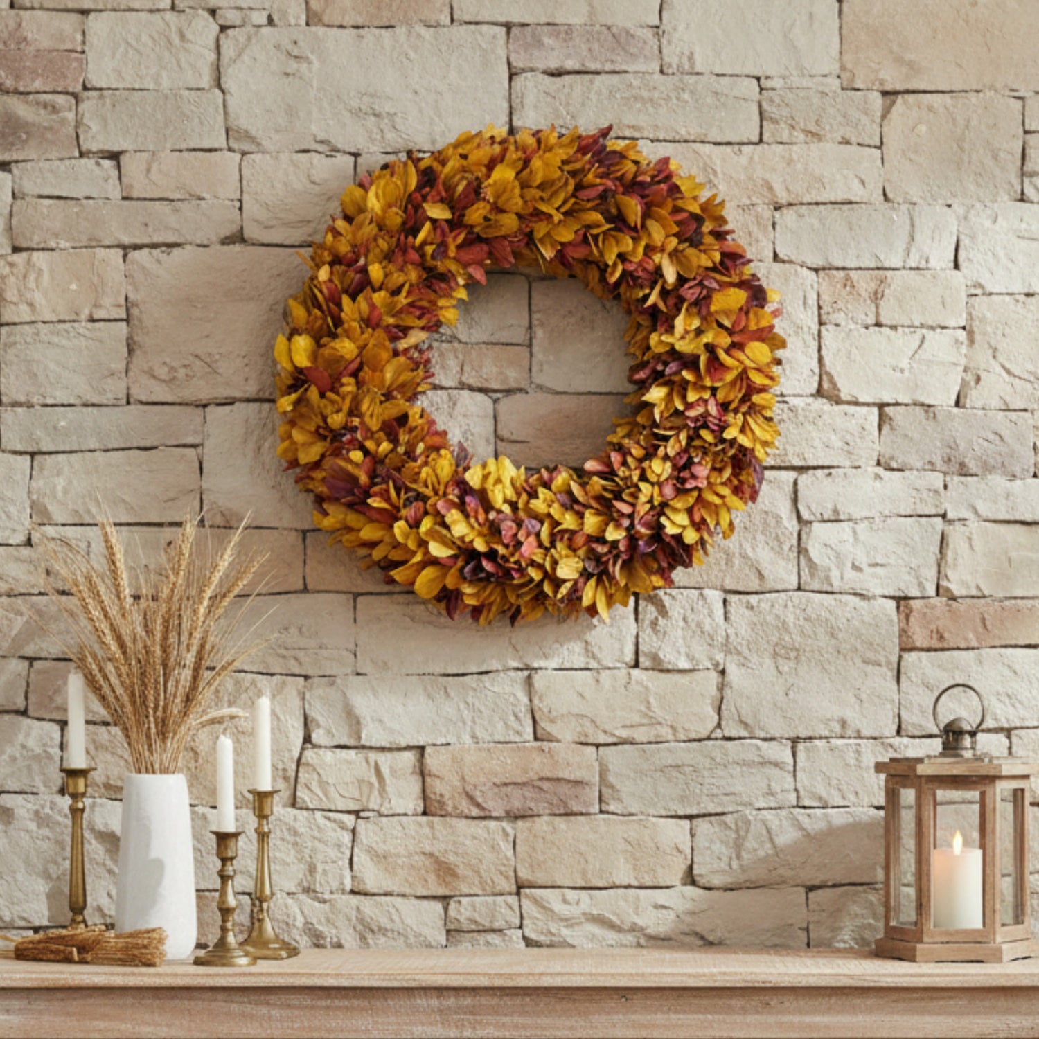 20" Preserved Holly Wreath, Autumn