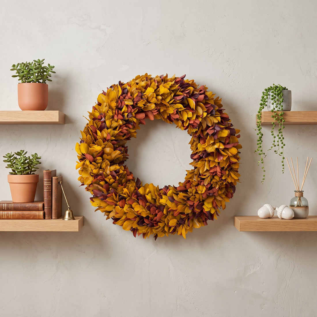 20" Preserved Holly Wreath, Autumn
