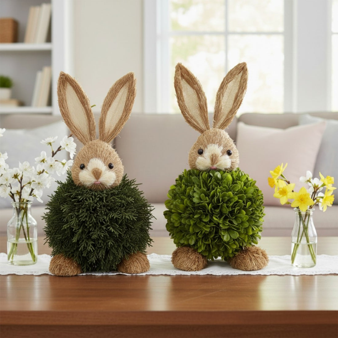 Preserved Single-Ball Boxwood &amp; Cypress Rabbit Shaped Topiary Décor Set of 2