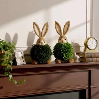 Preserved Single-Ball Boxwood &amp; Cypress Rabbit Shaped Topiary Décor Set of 2