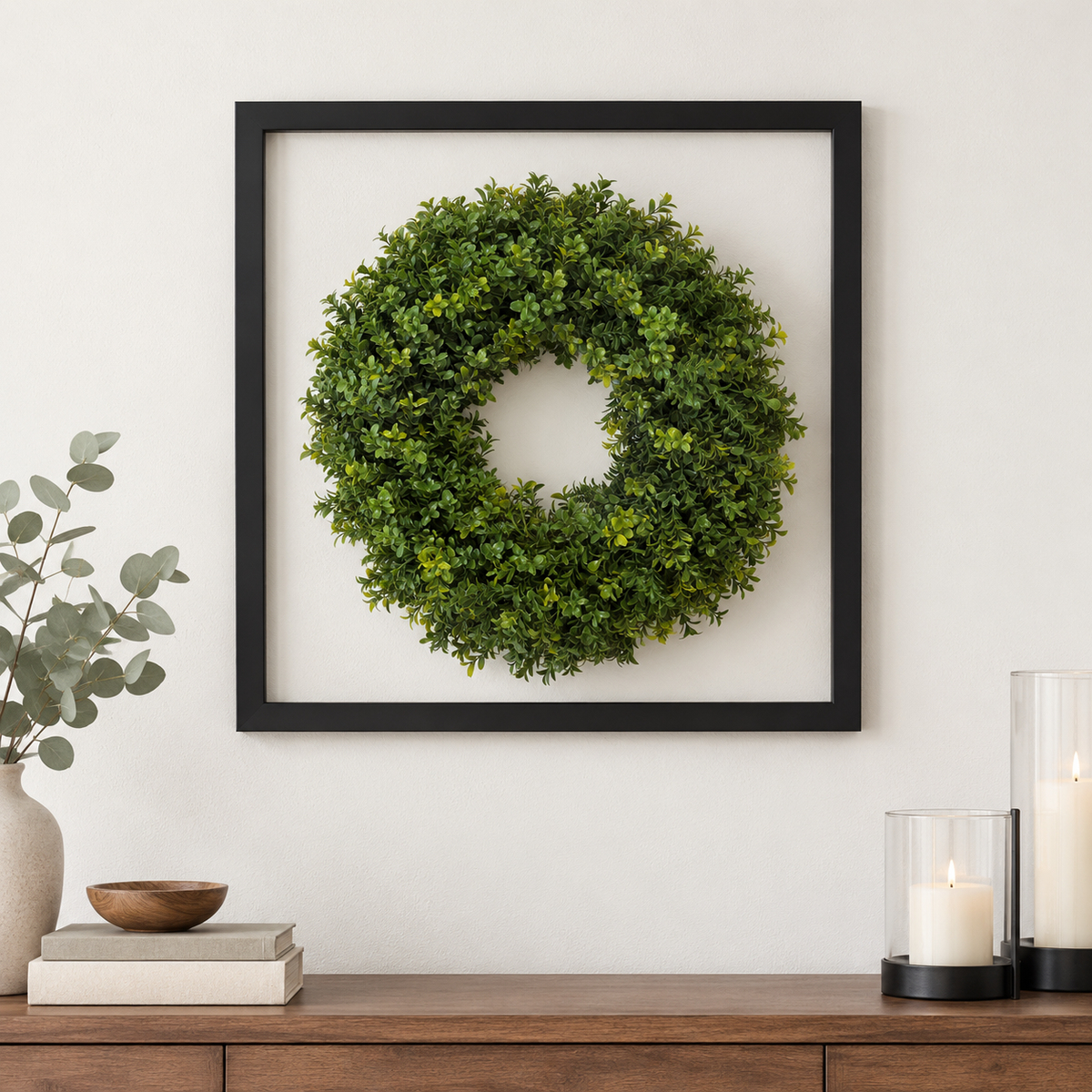 A square black-framed artificial green boxwood wreath hanging on a white wall above a wooden console table with candles and a vase.