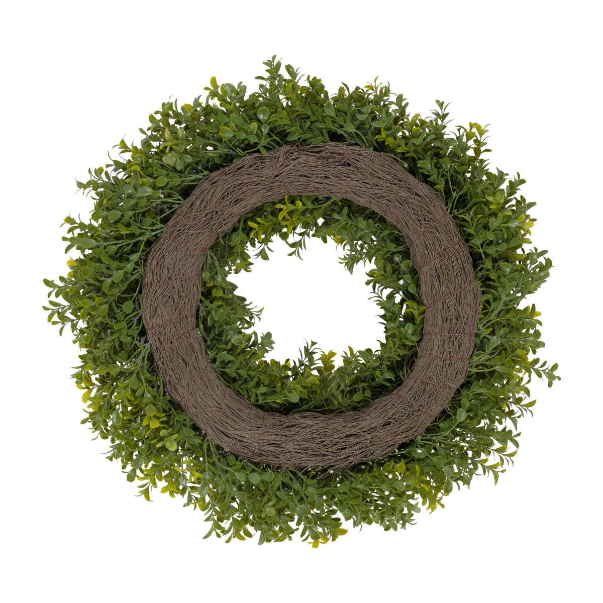 An artificial greenery wreath with dense green boxwood-style foliage and a rustic brown woven vine center, shown on a plain white background.