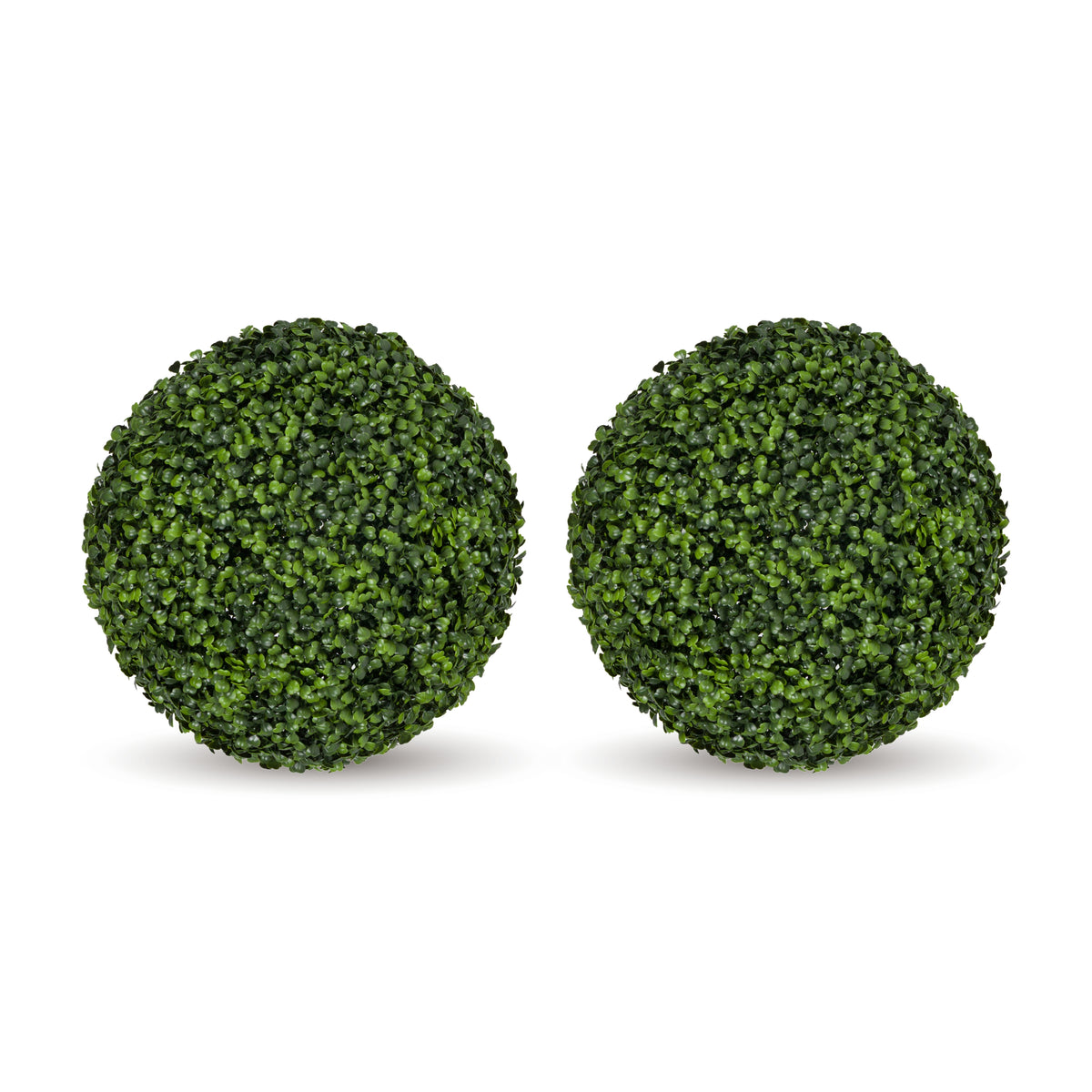 Two round green artificial topiary ball decorations on a plain white background.