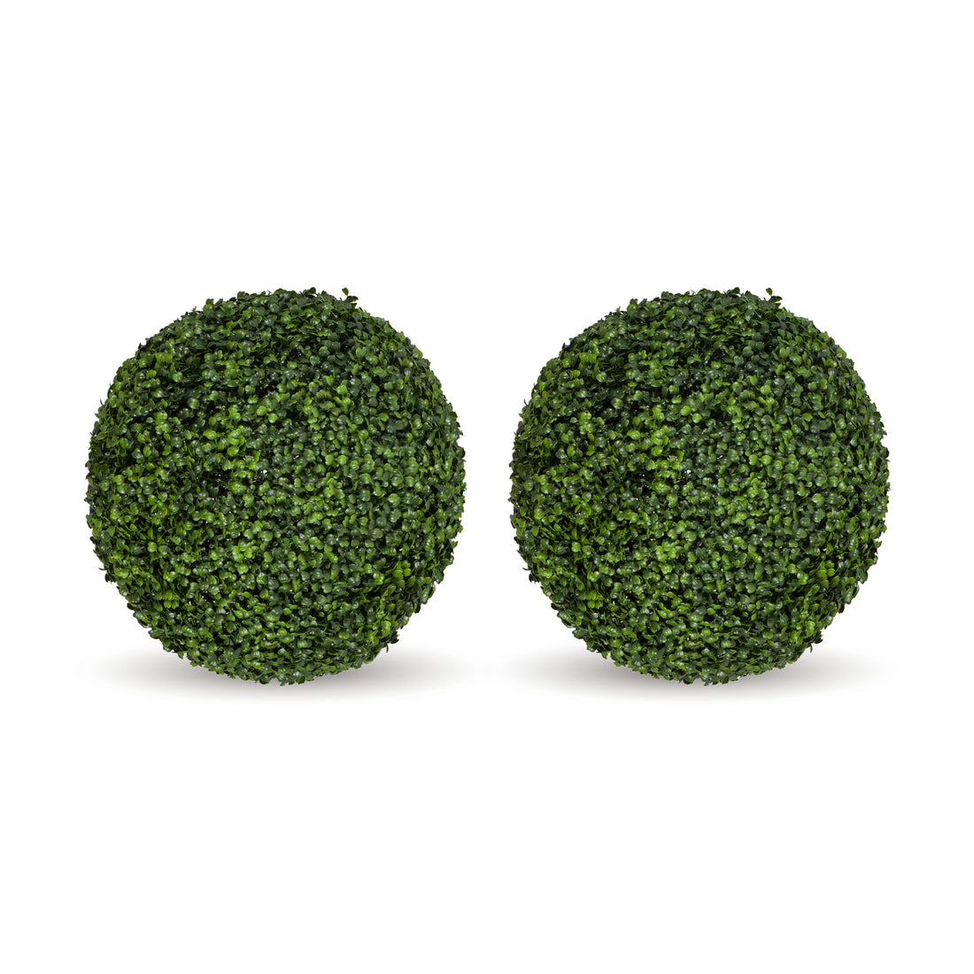 Two round green topiary tree balls made of dense artificial foliage, shown side by side on a plain white background.