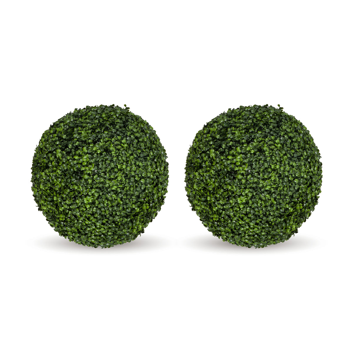Two round green topiary tree balls made of dense artificial foliage, shown side by side on a plain white background.