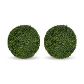Two round green topiary tree balls made of dense artificial foliage, shown side by side on a plain white background.