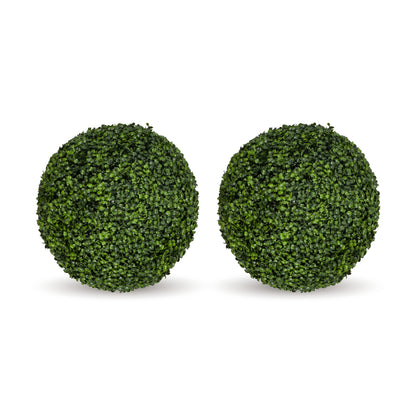 Two round green topiary tree balls made of dense artificial foliage, shown side by side on a plain white background.
