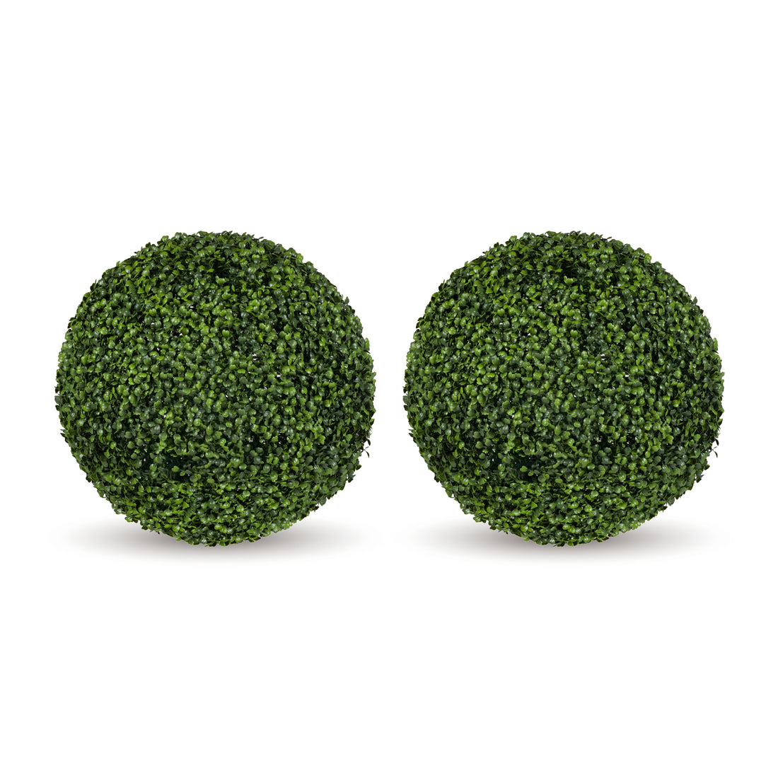 Two round green artificial topiary tree balls on a plain white background.