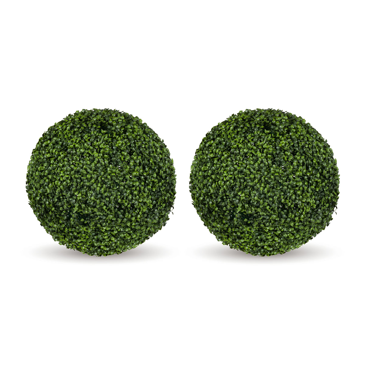 Two round green artificial topiary tree balls on a plain white background.