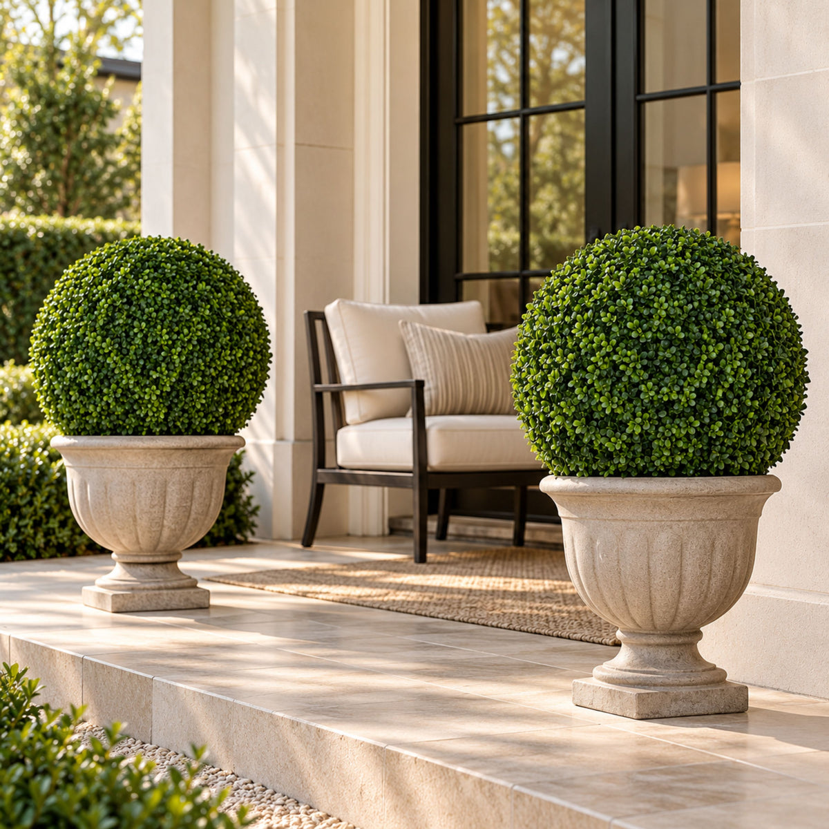 Two large spherical green topiary trees in ornate beige stone planters displayed on a sunlit stone porch with a cream outdoor chair and black-framed windows in the background.