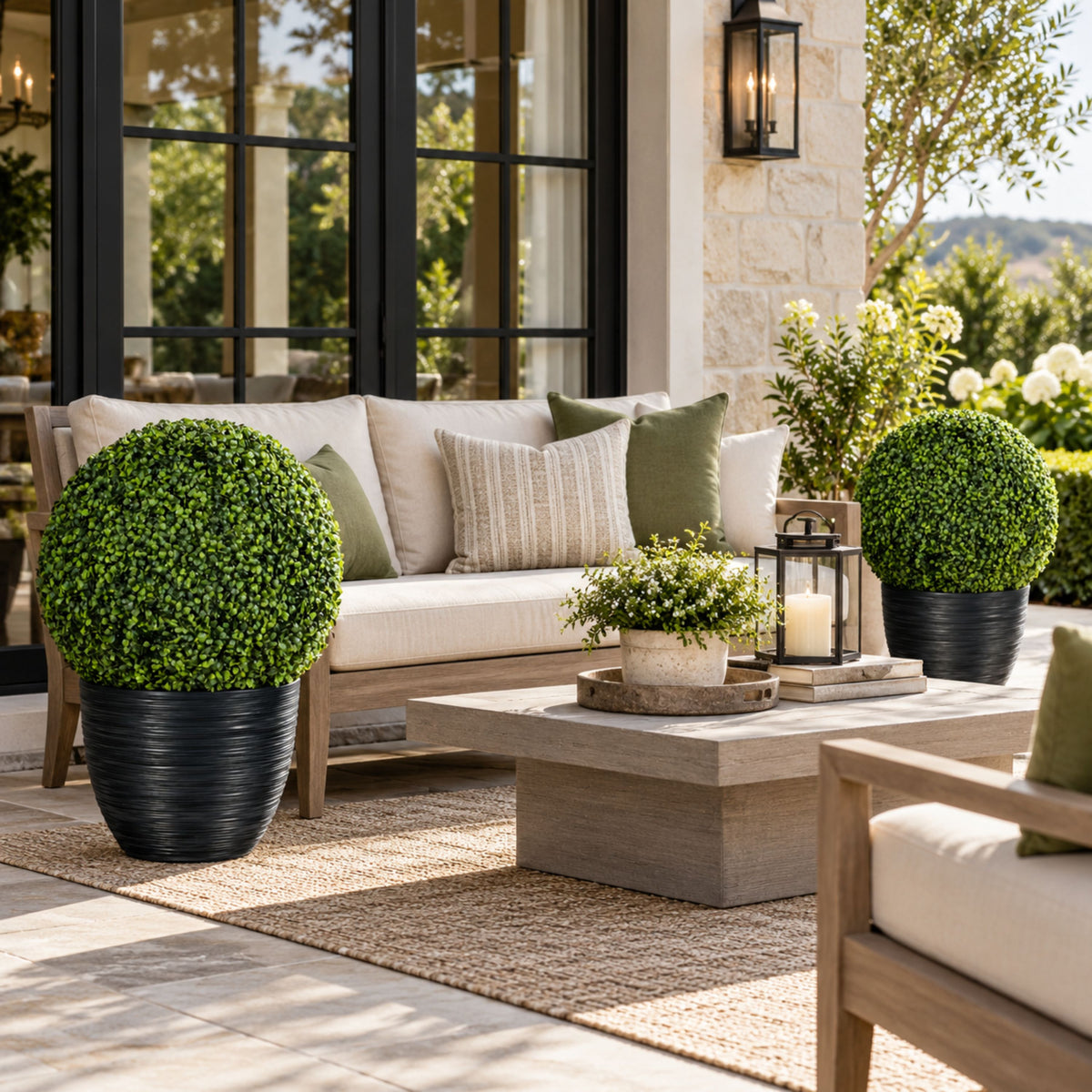 Outdoor patio furniture arrangement with a light wood sofa, cream cushions, green and striped pillows, a matching coffee table, and two large round green topiary trees in black planters on a stone patio.