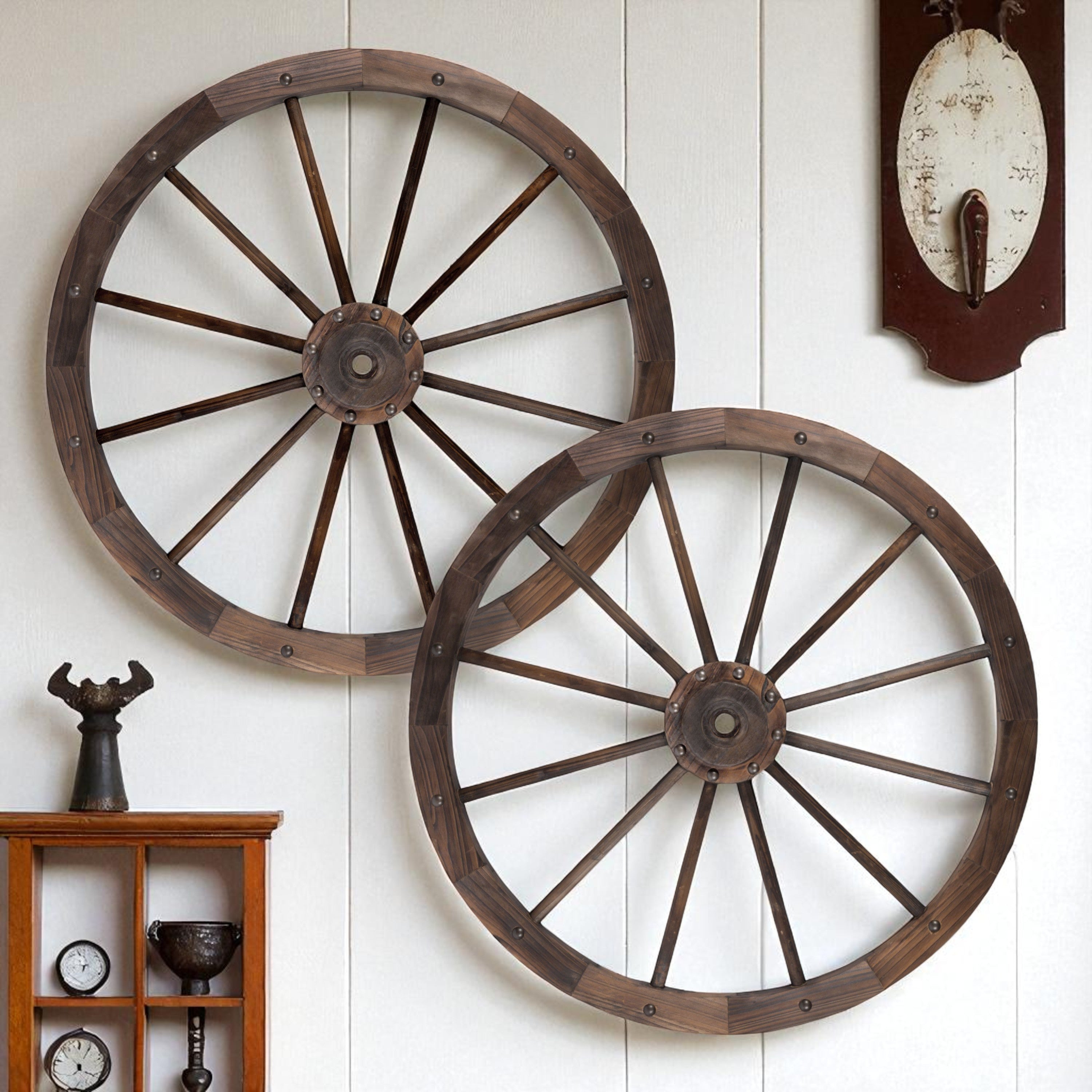 32" Rustic Farmhouse Decorative Wagon Wheel/Trellis, Oak, 2Pk